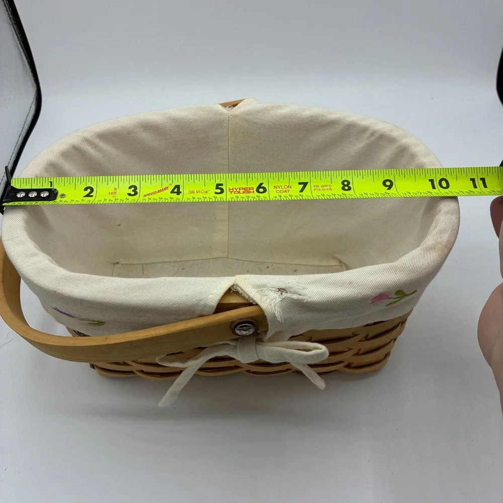 Vintage Splint Basket Wood Swing Handle Fabric Tulip Liner Oval